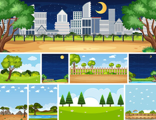 Set of different nature place scene in vertical and horizon scenes at daytime and night