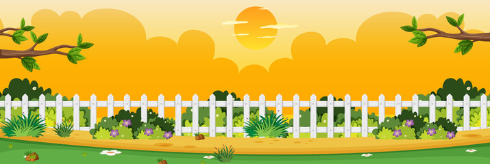 Horizon nature scene or landscape countryside with part of fence view and yellow sky