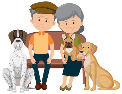 Old couple with their dogs on white background