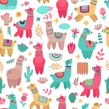 Llama pattern. Drawing animals, cartoon llamas cactus seamless texture. Cute baby alpaca print, creative decorative girly vector background. Alpaca and llama seamless, soft funny pattern illustration