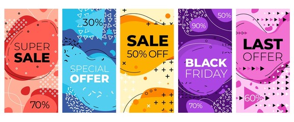 Geometric discount background. Offer advertisement, abstract discount poster. Mobile social media template, sale coupon vector set. Discount social poster, clearance geometric banner illustration