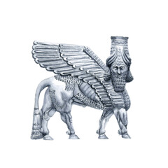 Watercolor drawing monochrome Assyrian sculpture of a bull with wings and a human head
