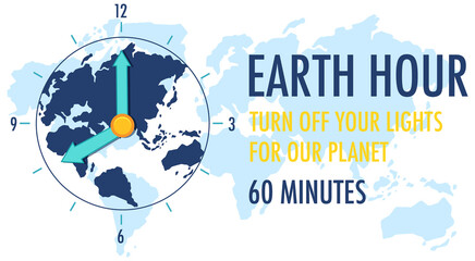 Earth Hour campaign poster or banner turn off your lights for our planet 60 minutes text on world map background