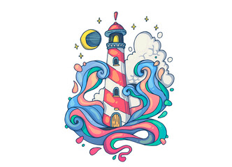 Storm at sea near the lighthouse. Creative cartoon illustration. Picture for print, advertising, applications and T-shirt print.