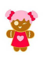 Vector illustration of a playful gingerbread girl on a white background. Delicious Christmas holiday traditional sweet food, cookies in festive clothing glaze, greeting decoration design.
