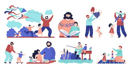 Father with children. Man play child, dad and son fishing reading hugging and sporting. Happy fatherhood, outdoor kid recreation vector set. Illustration fatherhood, family together past time