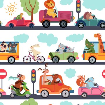 Animal transport pattern. Transportation, funny city zoo traffic. Kids fabric print cute cartoon car vector seamless texture. Pattern zoo transportation, fox and lion character adorable illustration