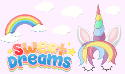 Fototapeta na wymiar Sweet dreams logo in pastel color with cute unicorn and rainbow