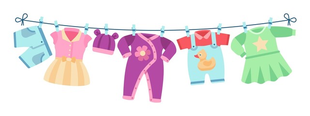 Flat children clothes. Colorful dresses, little kid unisex apparel on clothesline. Isolated element for birthday or baby shower vector cards. Baby newborn pants, clothes on clothesline illustration