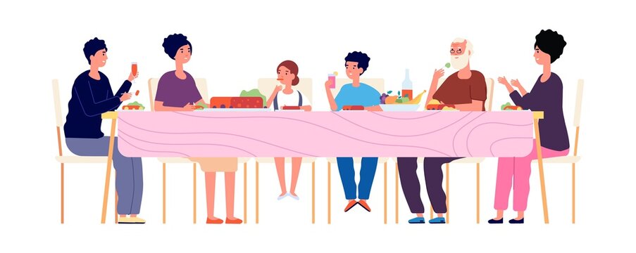 Big Dinner. Diverse Generations Eating Together, Happy Family Lunch Time. Weekend Meeting, Thanksgiving Or Christmas Holidays Vector Concept. Dinner Table Family, Together Eating Illustration