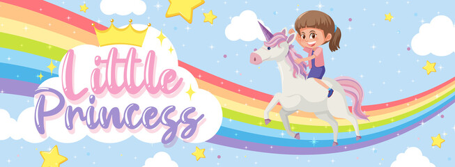 Little princess logo with girl riding on unicorn with rainbow on blue background