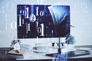 Double exposure of desktop with computer on background and tech theme drawing. Concept of big data.