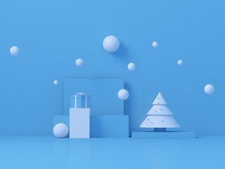 3d render of New Year stilllife - white christmas tree and gift box on a blue background with empty space for a text and many white balls