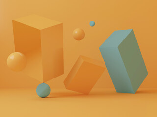 3d render of Illustration of a minimalistic still life of blue and yellow boxes and balls on a yellow background. Banner for a bright site or advertisement