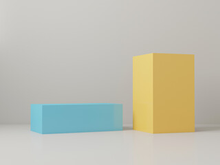 3d render of Minimalistic still life of blue and yellow two boxes grey background with soft light. Banner for a dark minimalistic site or advertisement. Mockup for small bottle advertising