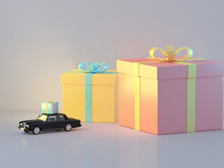 3d render of A small toy car with a gift on the roof stands next to large colored gift boxes stands on a gray background with empty space for text or advertising