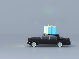 3d render of Small toy black car with a gift box on the roof stands on a gray background with empty space for text or advertising