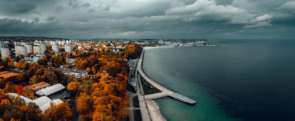 Panorama of Gdynia taken from the air in autumn - obrazy, fototapety, plakaty