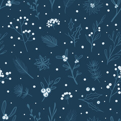 Dark blue winter pattern. Vector seamless pattern with floral elements and white berries on blue background. Christmas wrapping paper.  - 389601133