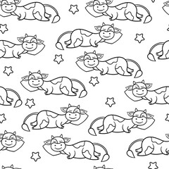 Seamless pattern with a cute cow sleeping on a pillow, coloring page