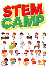 Stem camp logo and set of children with education objects isolated