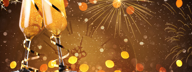 Glasses with champagne against fireworks. Christmas greeting card