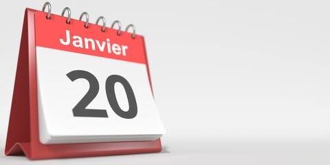 January 20 date written in French on the flip calendar page, 3d rendering