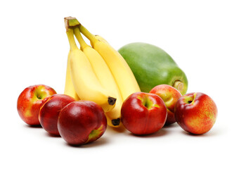 nectarine and papaya and banana on white background