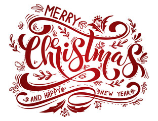 Merry Christmas and Happy New Year Vintage background with typography. Drawn by hands. Vector image.