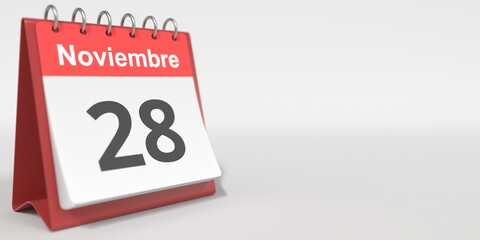 November 28 date written in Spanish on the flip calendar, 3d rendering