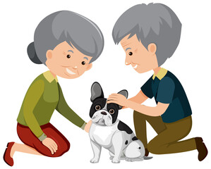 Old couple playing with cute dog on white background
