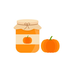 This is a glass jar of jam with pumpkin isolated on a white background.