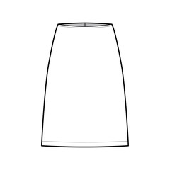 Skirt sheath technical fashion illustration with straight knee silhouette, pencil fullness. Flat bottom template front, white color style. Women, men, unisex CAD mockup