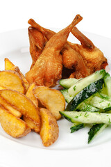 Roasted chicken with crust isolated on white background