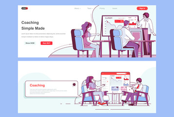 Coaching landing pages set. Business training, motivation and mentoring corporate website. Flat line vector illustration with people characters. Web concept use as header, footer or middle content.