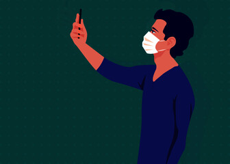 Illustration abstraction of a young man is taking selfie in covid-19 while wearing mask for protection, coronavirus protection stay home stay safe concept isolated