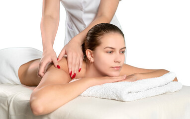 Fototapeta na wymiar Piękna biała kobieta podczas masażu w spa, welness.