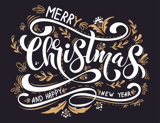 Merry Christmas and Happy New Year Vintage background with typography. Drawn by hands. Vector image.
