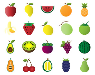 Fruit set flat icon. vector illustration. Set of fruits apple, lemon, banana, orange, pear, pineapple, grapes, cherries, strawberry.