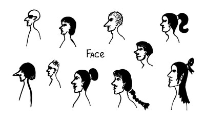 Obraz premium Half face silhouette. Vector hand drawn ink illustration. Collection of people's heads side view. Simple line art portrait