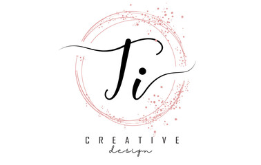 Handwritten TI T I letter logo with sparkling circles with pink glitter.