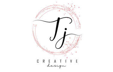 Handwritten TJ T J letter logo with sparkling circles with pink glitter.