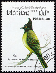 Postage stamp Laos 1988 black-capped bulbul, bird