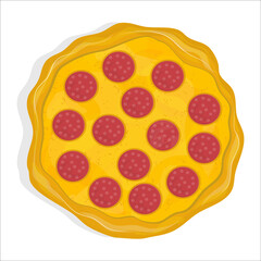 Pepperoni pizza isolated on a white background. Dish from Italian cuisine. Pizza with cheese and crispy crust. Vector illustration in flat style..