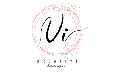 Obraz premium Handwritten VI V I letter logo with sparkling circles with pink glitter.