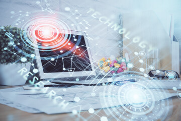 Multi exposure of desktop with personal computer and tech theme drawing. Concept of Bigdata.