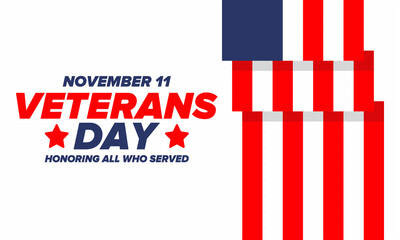 Veterans Day in United States. Federal holiday, celebrated annual in November 11. Honoring all who served. Patriotic american military concept. Poster, card, banner and background. Vector illustration