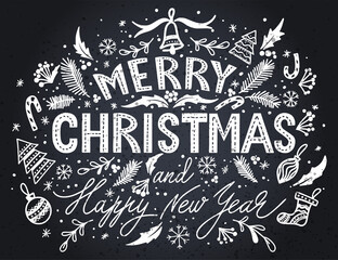 Merry Christmas and Happy New Year Vintage background with typography. Drawn by hands. Vector image.