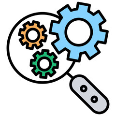 
Gear under magnifier, services evaluation colored line icon
