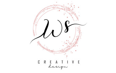 Handwritten WS W S letter logo with sparkling circles with pink glitter.